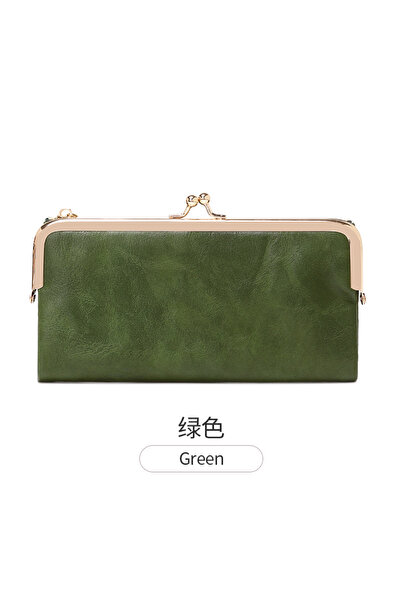Choice7 QB332-Green Vintage Kiss Lock Long Women's Wallet Solid Color Multi f...
