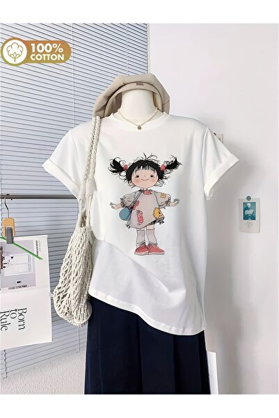 LİNA06 Teenager100% Cotton TShirt{Cute Cartoon Print TShirt} Solid White Perf...