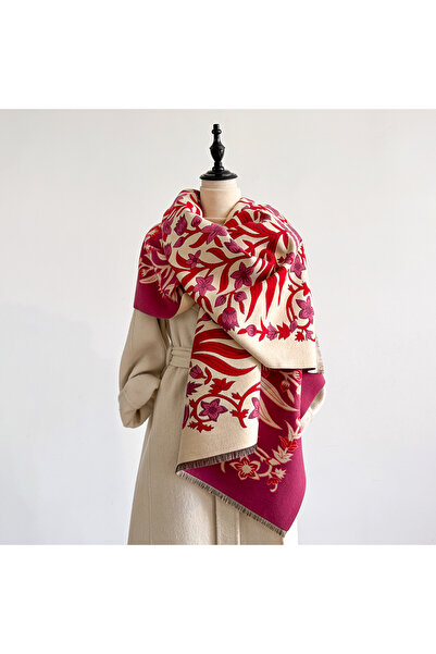 choice2 Rose Red Elegant Women's Floral Jacquard Pashmina Shawl - Winter Thic...