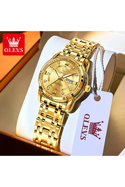 Choice5 ساعة نسائية OLEVS 5513 ذهبية بالكامل فاخرة مع مؤشرات ماسية وتقويم مزد...