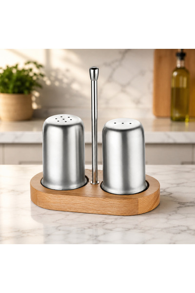 HOMEDEFNE 304 Steel Salt and Pepper Shaker with Wooden Stand (Dining Hall/Res...