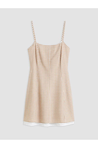 LC Waikiki Lcw Vision Beige U-Neck Plaid Rope Strap Mini Dress