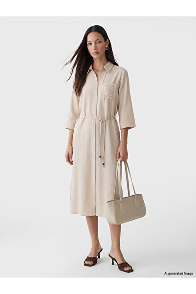 LC Waikiki Ecru Lace Pocketed Slit Muslin Shirt Dress