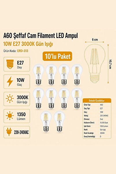 Heka A60 Şeffaf Cam Filament LED Ampul 10W E27 3000K Gün Işığı ERD-313 10'lu