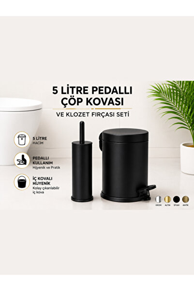 FKN 5 Litre Pedallı Çöp Kovası ve Klozet Fırçası Seti Paslanmaz Çelik İç Kova...