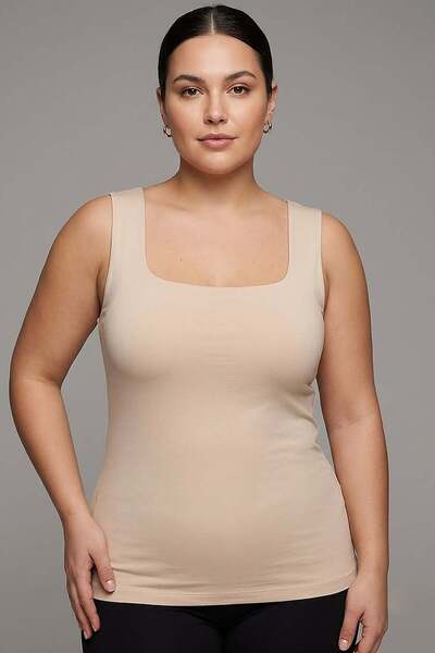 SERTUĞ Trend42Plus Large Size Thick Strap Basic Top - Beige