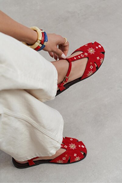 NİŞANTAŞI SHOES Utya Red Suede Leather Embroidery Detail Flat Sole Women's Sa...