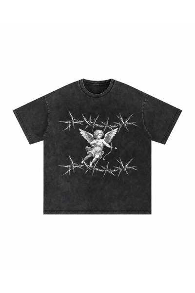 Bravebell Black Washed Eros Angel Iron Thorn Printed Unisex Oversize T-Shirt