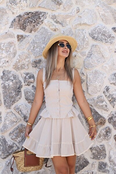 bytugcekaya Beige Petikare Patterned Buttoned Skirt Suit with Shorts