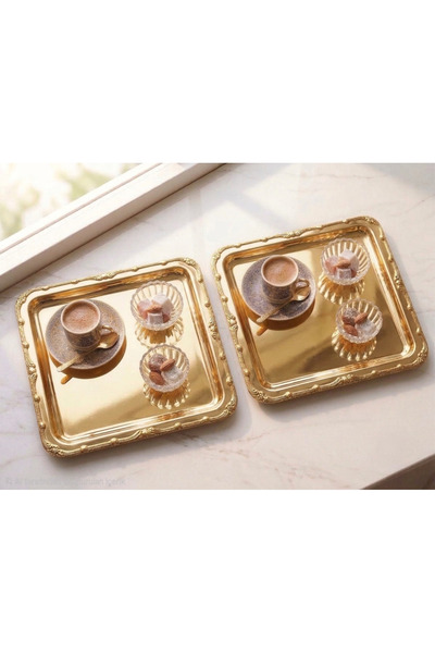 SEVA ÇELİK Gold Kare 2 Pieces Gold Patterned Tea and Coffee Presentation Tray