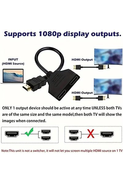 Wirewel HDMI Splitter 1080P Dual Port Y Adapter - Cable Splitter for HDTV LCD TV Box PS3 - 1 Input 2 Output Connector
