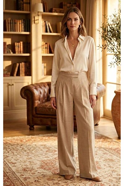 ELZORA WEAR Kadın Pileli Geniş Paça Premium Keten pantolon