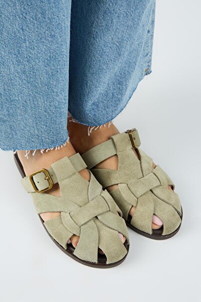 Manijero Qurina Women's Genuine Leather Caged Water Green Slippers