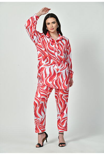 RIZQE Red Swirl Print Modest Co-Ord Set Japanese Satin Trendy Modest Western ...
