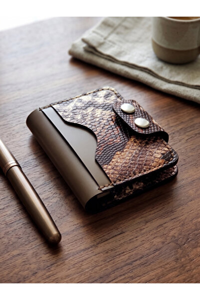 LUNA LUSTER Genuine Leather Snake Print 8-Compartment Brown Cream Minimalist ...