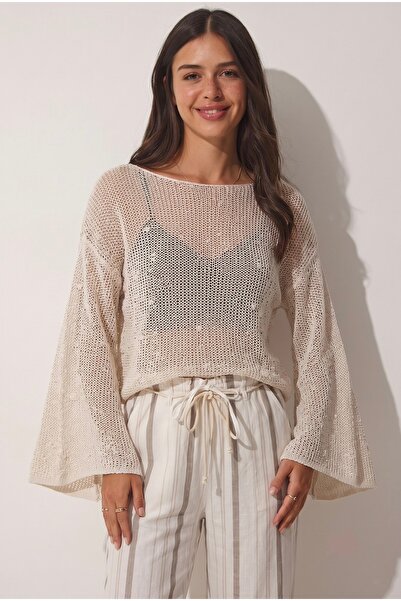 TLG TLG GİYİM Women's Boat Neck Casual Sleeveless Draped Sequin Crop Blouse