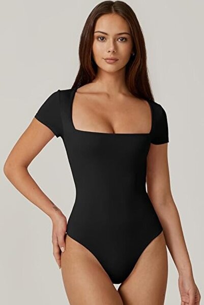 ostende Women Short Sleeve Square Neck Double Layer Silk Jersey Bodysuit K34