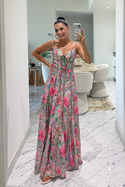 Seda Yalçın Atelier Korse Formlu Biyeli Çiçek Desenli Maxi Elbise