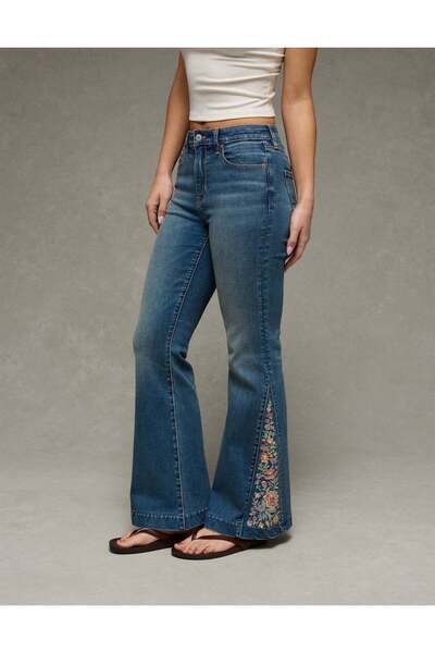 AMERICAN EAGLE AE Next Level Super High-Waisted Embroidered Flare Jean