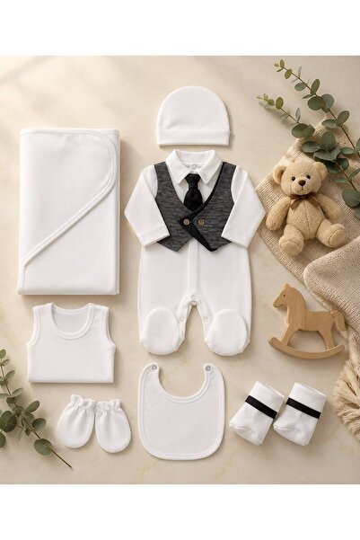 Baby day Premium 7 Piece Newborn Baby Boy Formal Suit Set - White and Grey Bo...