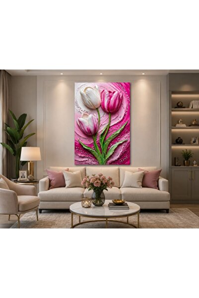 EROĞLU TABLO Pembe Lale Kanvas Tablo Çiçek Temalı Salon Duvar Dekoru