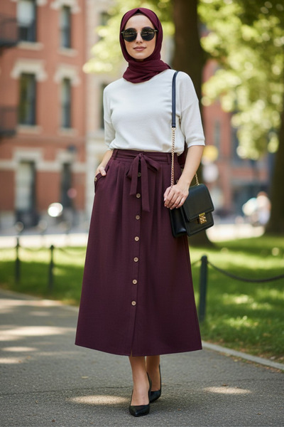 Moda Mistik Cloud Tesettür Etek Mürdüm Renk Cepli Midi Boy