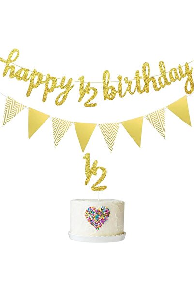 Arabest Half Birthday Party Decor Set, Glitter Banner & Cake Topper, Gold, Fo...