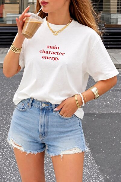 ZAVIXO Women's Oversize Main Character Energy Printed T-Shirt – White, Crew N...