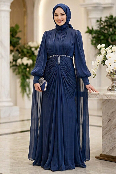 N.S NEVA STYLE Navy Blue Sparkling Hijab Evening Dress with Cape and Stone Em...