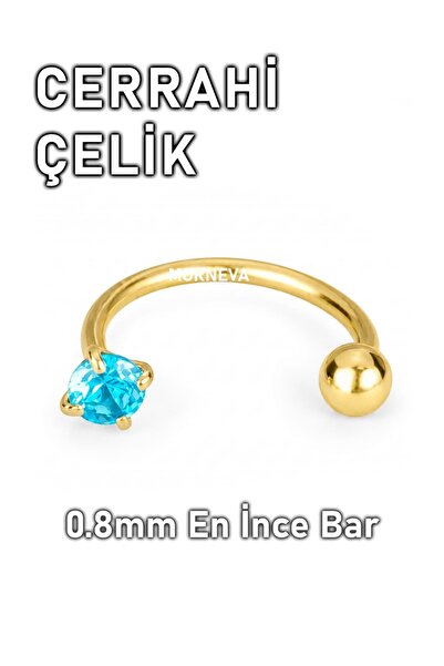 MORNEVA Cerrahi Çelik Altın Renkli Mavi Taşlı Yarım Halka Hızma Burun Piercin...