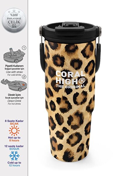 Coral High Kahverengi Leopar Desenli Pipetli ve Direkt İçim Çelik Termos 900 ...