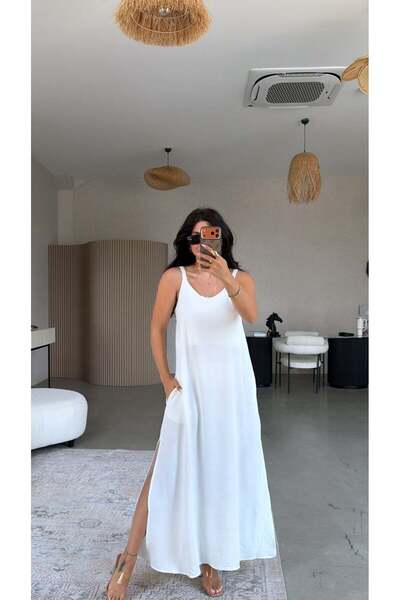 Buket Teke White Strappy Slit Maxi Flowy Dress
