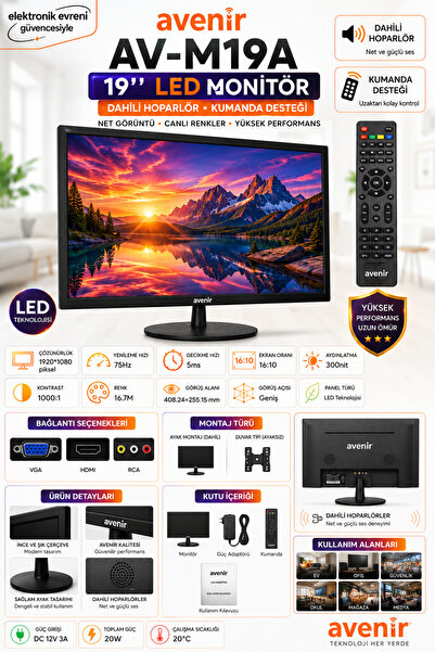 AVENİR 19 inç LED monitör dahili hoparlörlü kumandalı / monitör / HDMI VGA mo...