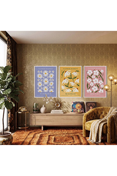 KOLAJTASARIM Set de picturi cu flori botanice în pastel, 3 piese, cu ramă alb...