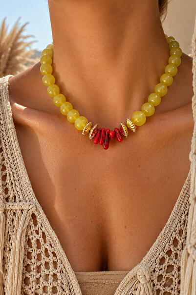 FIERA JEWELRY VIP Soft Sarı Mercan Detay Boncuk Kolye