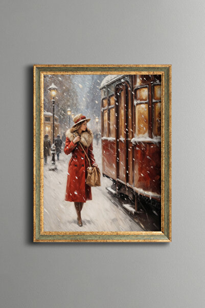 epiqart Woman Walking in the Snow - Vintage Patterned Painting - Slim Model