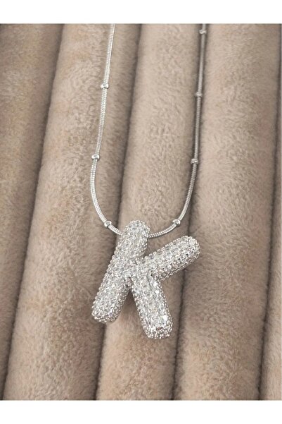 Haziran Accessory, Zircon Stone Bulk Chain Chubby Letter Silver Steel Necklac...