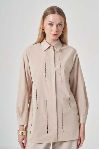 FTZ WOMEN Kadın Taşlı Poplin Gömlek Beige 31440