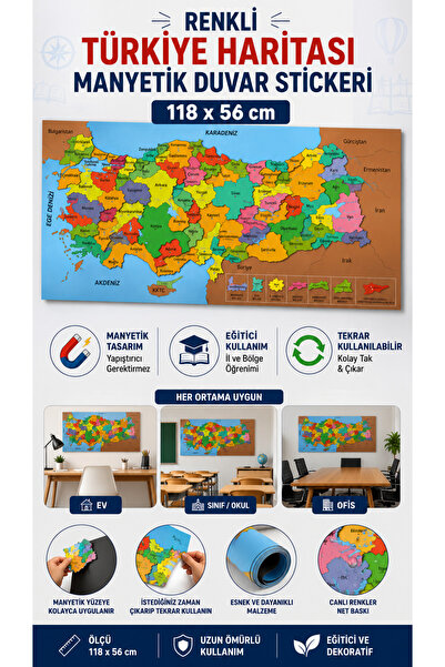 Hane Dostu Renkli Türkiye Haritası Manyetik Duvar Stickerı 118x56 cm Eğitim S...