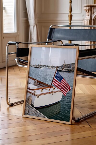 Postifull Boat and Flag Poster, Wooden Framed Poster, Old Money Series, No:11...
