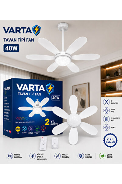 Varta Vantilatör Pervane ampul sessiz çalışma 6 fan kanat ve ışıklı uzaktan k...