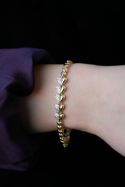 MASSOLE Designer Women's Zircon Stone Detailed Row Heart Gold Bracelet Xuping...