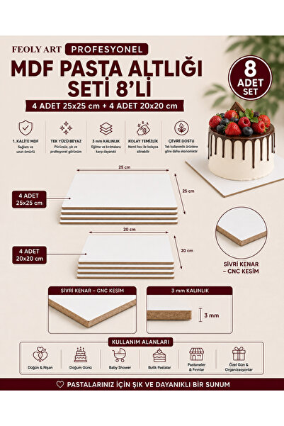 Feoly Art Profesyonel MDF Pasta Altlığı Seti 8'li | 4 Adet 25x25 cm + 4 Adet ...