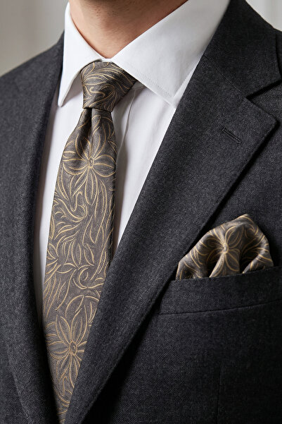 Milleniva Retro Shawl Patterned Gray Gold Tie & Handkerchief