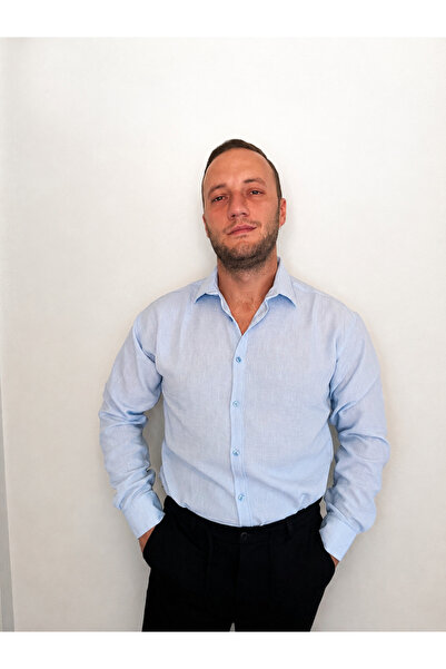 Erkek Açık Mavi Yazlık Keten Dokulu Gömlek