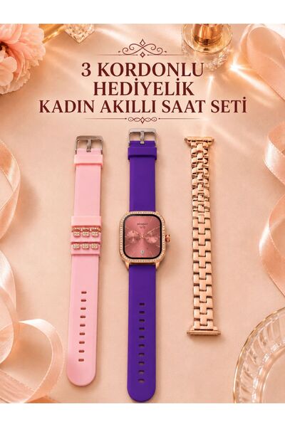 Lisinya 3 Kordonlu Rose Gold Kasalı Kadın Akıllı Saat Seti -