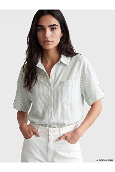 LC Waikiki Lcw Vision Green Striped Oversize Women's Shirt