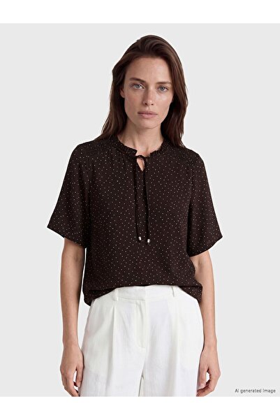 LC Waikiki Lcw Grace Brown Tie-Neck Ruffle Polka Dot Blouse