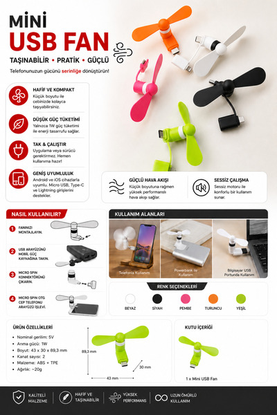 abnturk Mini USB Telefon Fanı Type-C Lightning Micro USB Uyumlu Taşınabilir S...