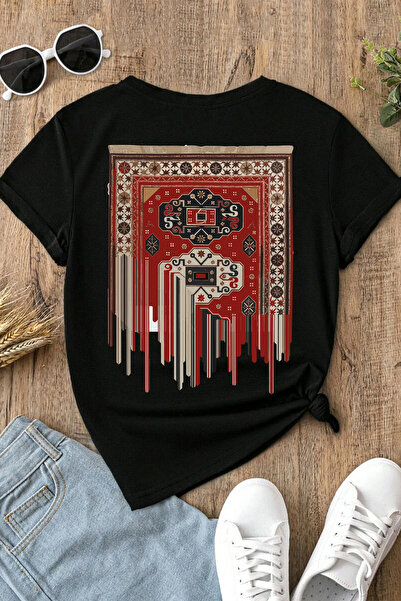 Spoyi 100% pamučna polu-oversize crna majica sa boemskim kilim dizajnom